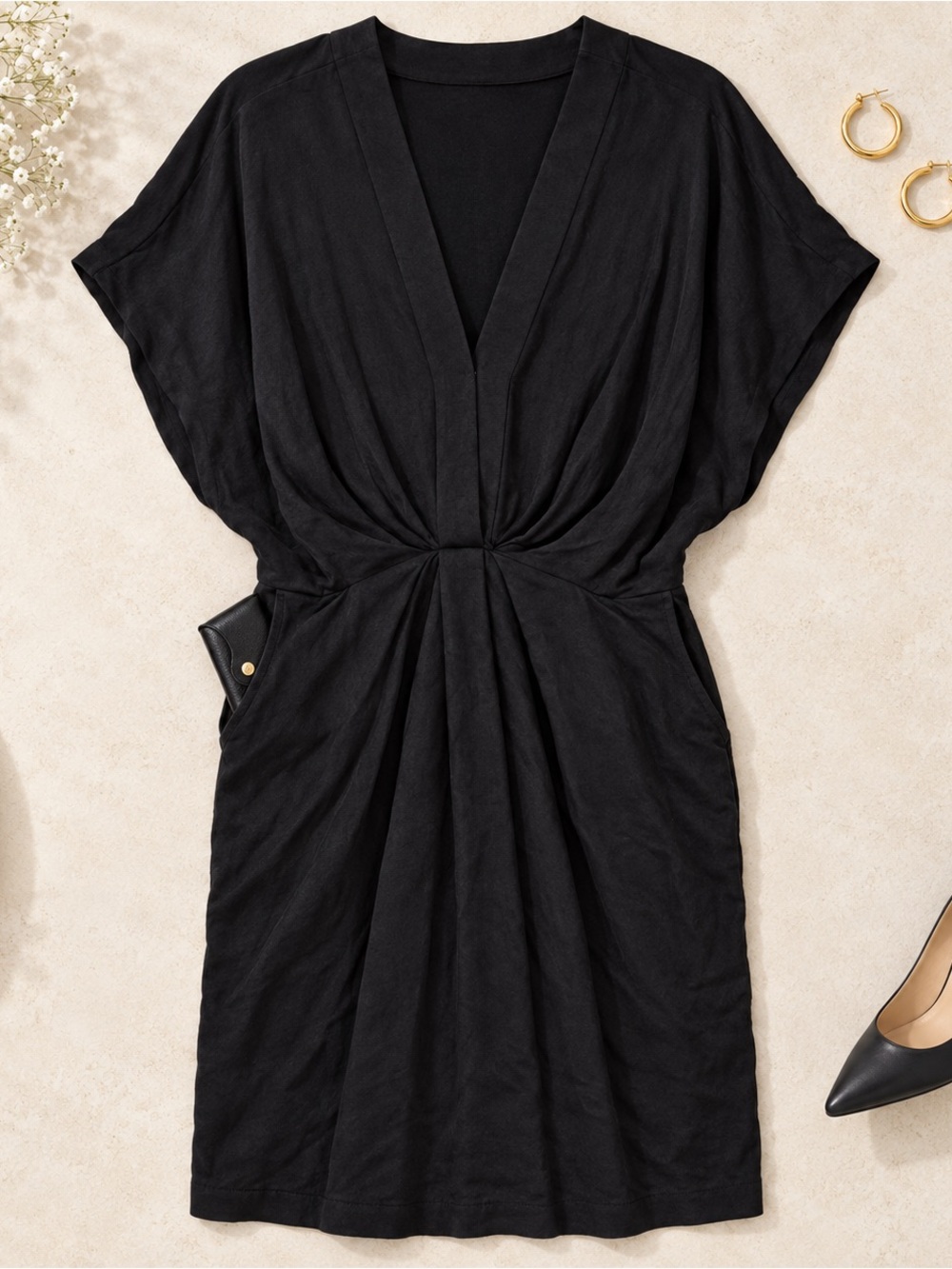 Banana Republic Black Draped Twist Front Kimono Sleeve Dress 10 Petite